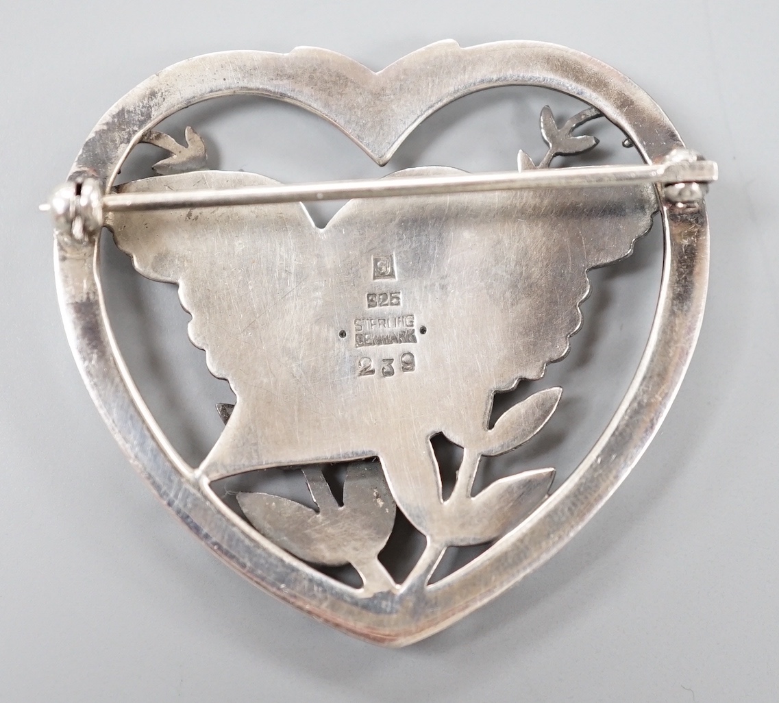 A Georg Jensen sterling 'robin and frond' heart shaped brooch, no. 239, 37mm.